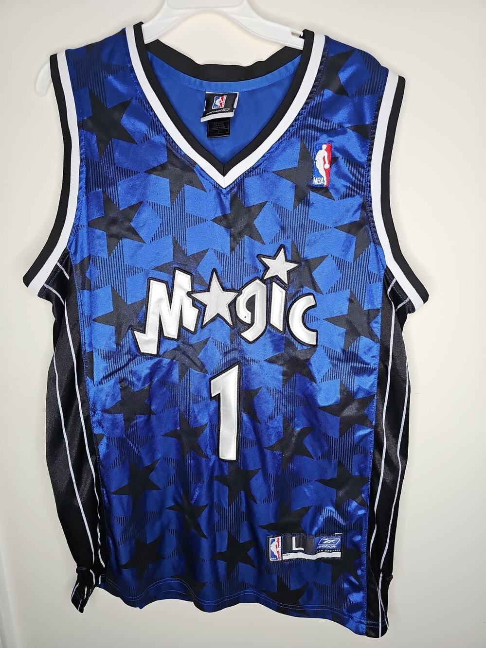 Tracy McGrady #1 Reebok Jersey Blue Star Sewn Orlando Magic Size L Vintage Y2K